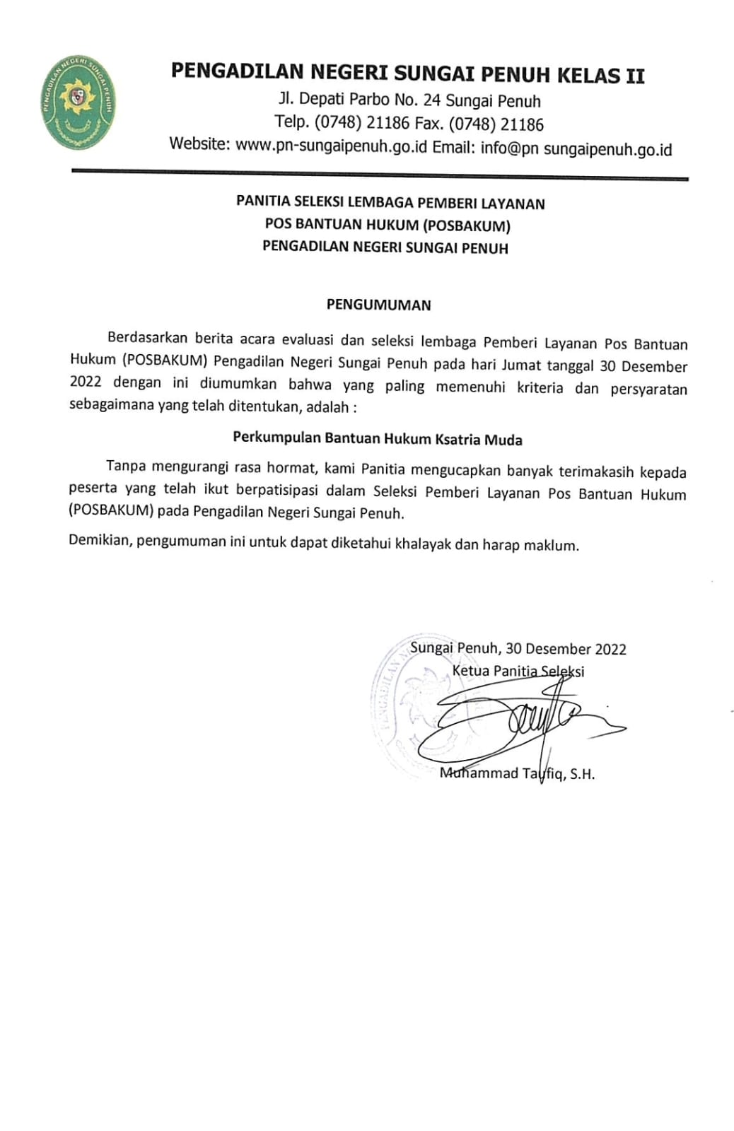 Hasil Seleksi POSBAKUM